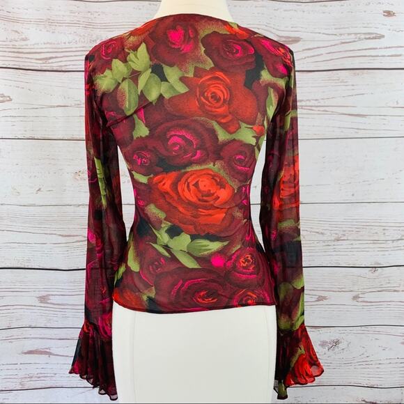 Cache sheer floral rose red black ruffle neck - Picture 8 of 9